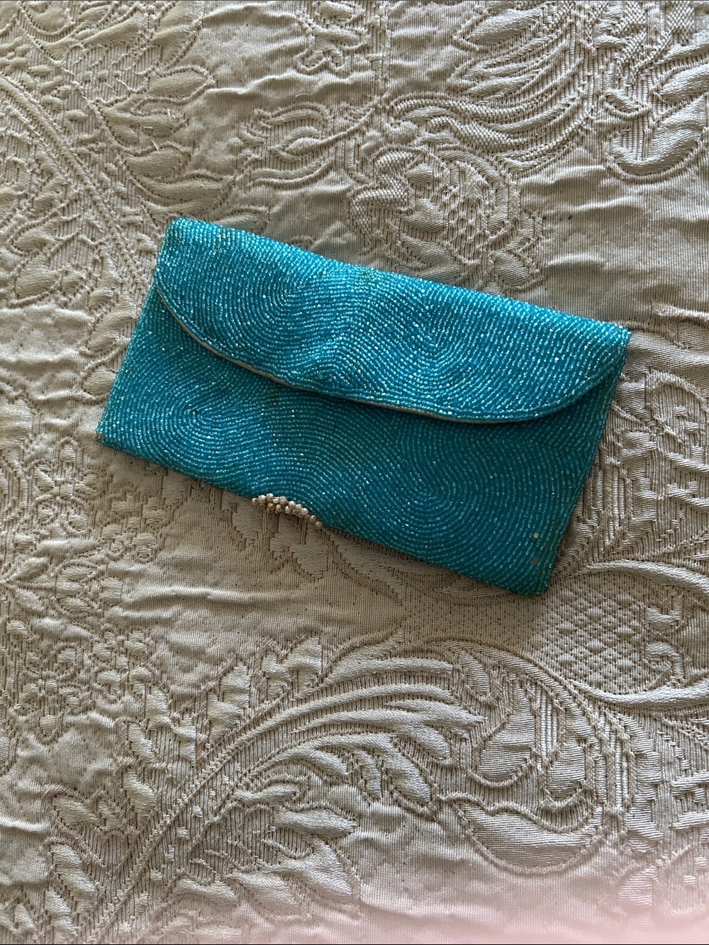 Bloomingdale's Turquoise Beaded Envelope Clutch